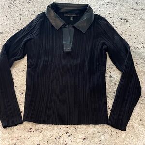 White House Black Market Ribbed Black Top with Leather Trim